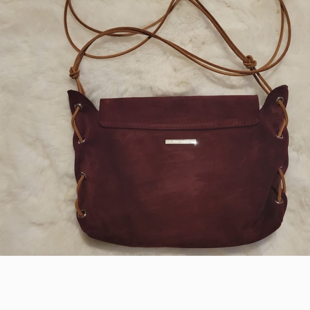 Zimmermann, Maroon Burgundy Suede Leather Purse With Tan Suede Shoulder Strap - Picture 5 of 7
